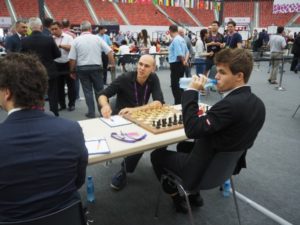 Magnus Carlsen playing against Australian David Smerdon at the 42nd Olympiad